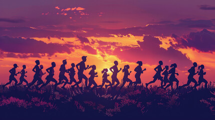 Fototapeta premium all ages and backgrounds participating in a marathon at dawn, their silhouettes blending together as they move forward in unity, representing the strength of diversity in sports.
