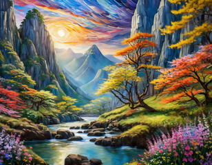 ethereal illustration of Colorful autumn landscape with river, mountains, clouds and sunset