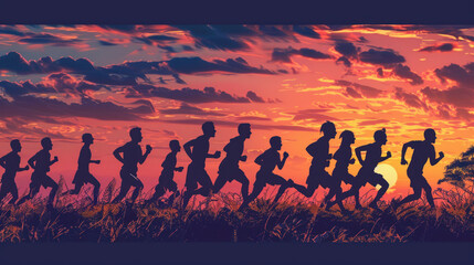 Fototapeta premium all ages and backgrounds participating in a marathon at dawn, their silhouettes blending together as they move forward in unity, representing the strength of diversity in sports.