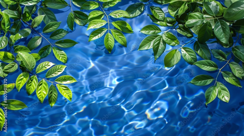 Poster A blue pool with scattered green leaves floating on the waters surface