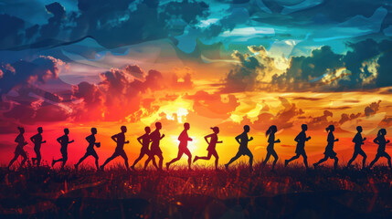 all ages and backgrounds participating in a marathon at dawn, their silhouettes blending together as they move forward in unity, representing the strength of diversity in sports.