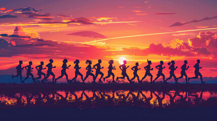 Fototapeta premium all ages and backgrounds participating in a marathon at dawn, their silhouettes blending together as they move forward in unity, representing the strength of diversity in sports.