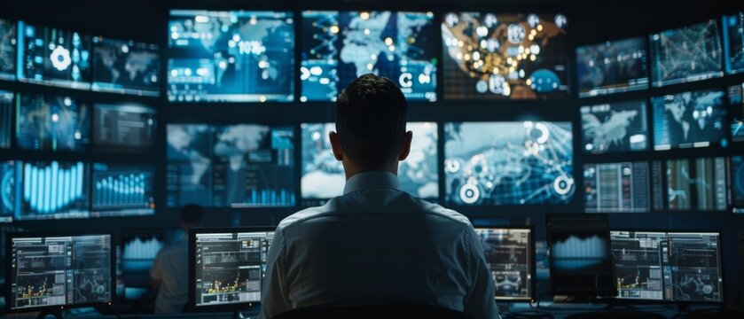The Manager holds a briefing in the system control room for his employees. They work in the data center surrounded by maps and logistics data displays. - Powered by Adobe