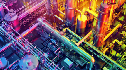 a chemical processing plant, with labyrinthine pipes and tanks holding colorful liquids, showcasing the infrastructure and processes involved in chemical manufacturing.