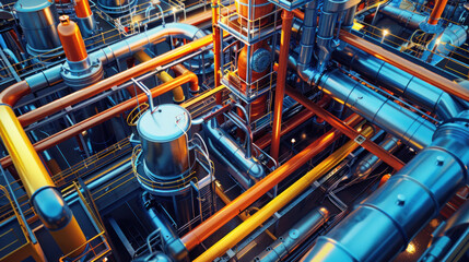 a chemical processing plant, with labyrinthine pipes and tanks holding colorful liquids, showcasing the infrastructure and processes involved in chemical manufacturing.