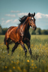 A majestic horse galloping freely in a lush green field under a clear blue sky.