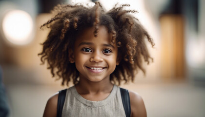 happy portrait of an African American little girl with curly hair, isolated white background, copy...