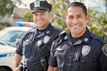 portrait of two smiling police officers, partners in uniform, standing shoulder to shoulder near a patrol car in the background. With a focus on their camaraderie and professionali