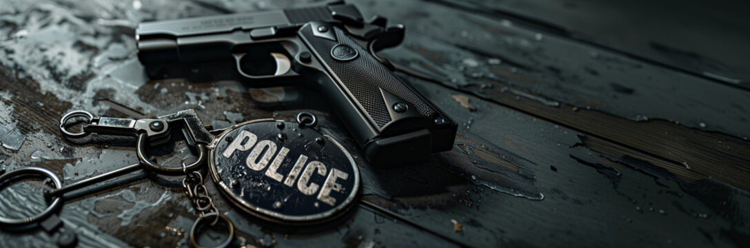 Closeup of a gun and a pair of handcuffs, cops officer badge with "police" text on it. Photo on a dark background for banner with copy space for text. Protect and serve, crime figh