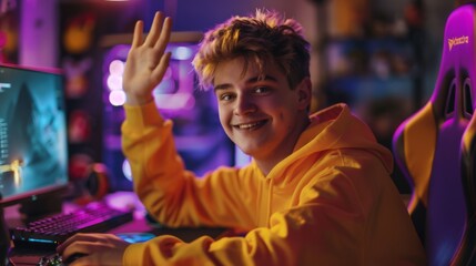 Smiling Teenager at Gaming Setup