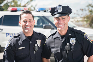 portrait of two smiling police officers, partners in uniform, standing shoulder to shoulder near a patrol car in the background. With a focus on their camaraderie and professionali