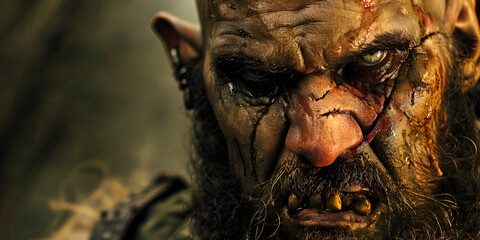 Imposing and powerful portrait of an Orc war boss for video games designs and creations with gry background