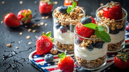 Fresh Berry Parfaits with Granola and Mint on Patriotic Tablecloth