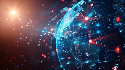 Obraz premium Digital world globe, concept of global network and connectivity on Earth, high speed data transfer and cyber technology, information exchange and international telecommunication 
