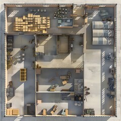 floor plan of a warehouse interior, crates, offices