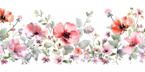 Bouquet of blooming boho flowers on a white background. Watercolor hand painted seamless border. Summer banner template