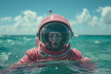 Astronaut in pink retro space suit swimming in the ocean. Abstract summer concept.