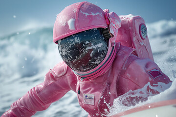 Close up side portrait of an astronaut in pink space suit swimming in the ocean. Abstract summer concept.