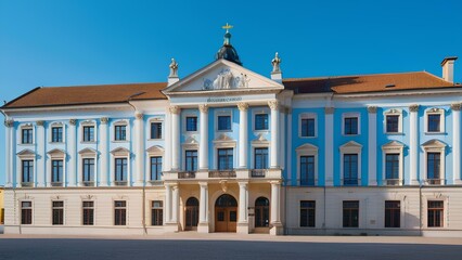 Obraz premium Typical european school building exterior view. The building is very old and has a lot of windows. It is very tall and has a lot of detail on it