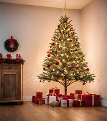 Christmas tree decorated with beautiful living room on wooden floor. Empty white wall background