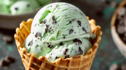 Scoop of Mint Chocolate Chip Ice Cream in Waffle Cone