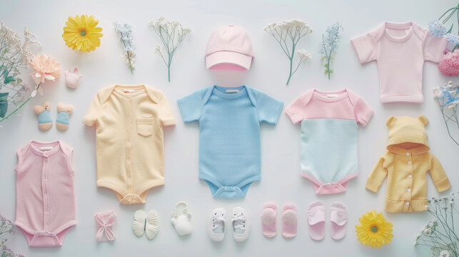 Chic pastel baby clothes arrangement on soft background