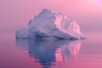 Minimalistic landscape of iceberg, glacier on North pole, water reflection. Pastel pink colors. Modern aesthetic.