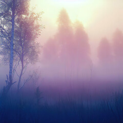 Early foggy morning in the forests ,shades of pink, illustration generated by Ai