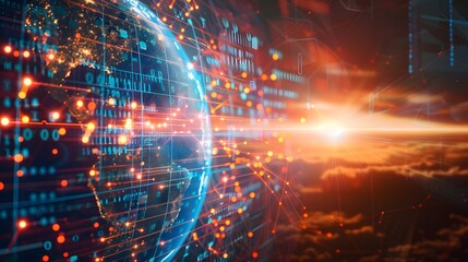 Obraz premium Digital world globe, concept of global network and connectivity on Earth, high speed data transfer and cyber technology, information exchange and international telecommunication 