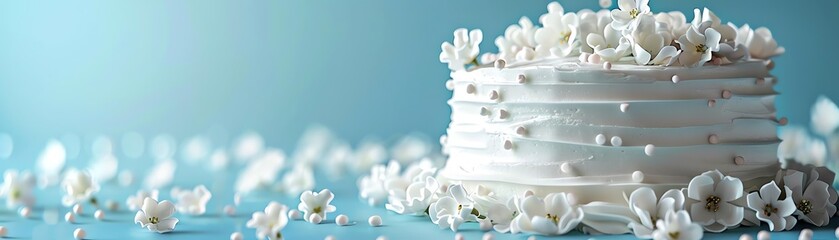 White wedding cake romantic decorate on a light blue background with subtle gradient