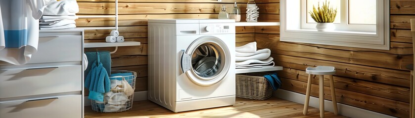 A washing machine and dryer are in a laundry room