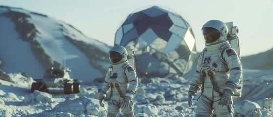 A manned mission searching for habitable planets on an alien planet. Two astronauts walking towards the rover and geodesic dome. High-tech space exploration concept.
