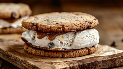Gooey Chocolate Chip Cookie Ice Cream Sandwich on Wooden Table