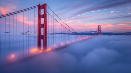 Golden Gate Bridge immersed in dawn fog, San Francisco skyline