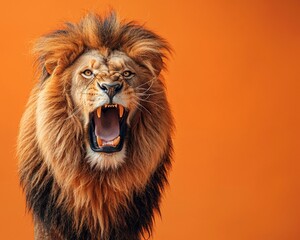 Lion advocating loudly through a megaphone, vibrant orange vintage background, humorous, support concept, bright light