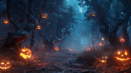 a sinister glade hidden within a haunted forest, where malevolent pumpkins with twisted smiles cast an eerie glow upon the barren landscape, creating an unsettling ambiance of fear and uncertainty.