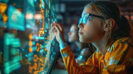 A close-up of an elementary school student in a classroom with CGI technology shows how AI can contribute to a personalized learning experience and efficiency in the education system.