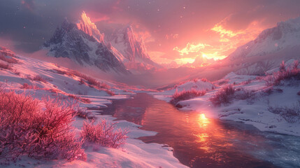 Sunset over snow-covered mountains and a serene river valley