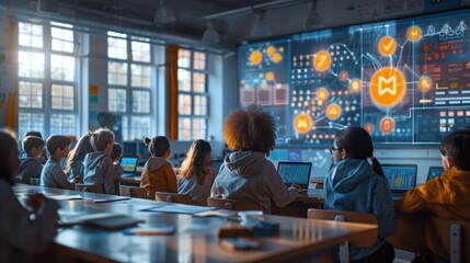 An elementary school student in a classroom filled with CGI technology overlays shows how AI can contribute to a personalized learning experience and efficiency with the education system.