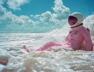 The astronaut swims in the ocean. Surreal summer concept. Sunny day. Copy space for text. Banner, wallpaper, card, invitation...