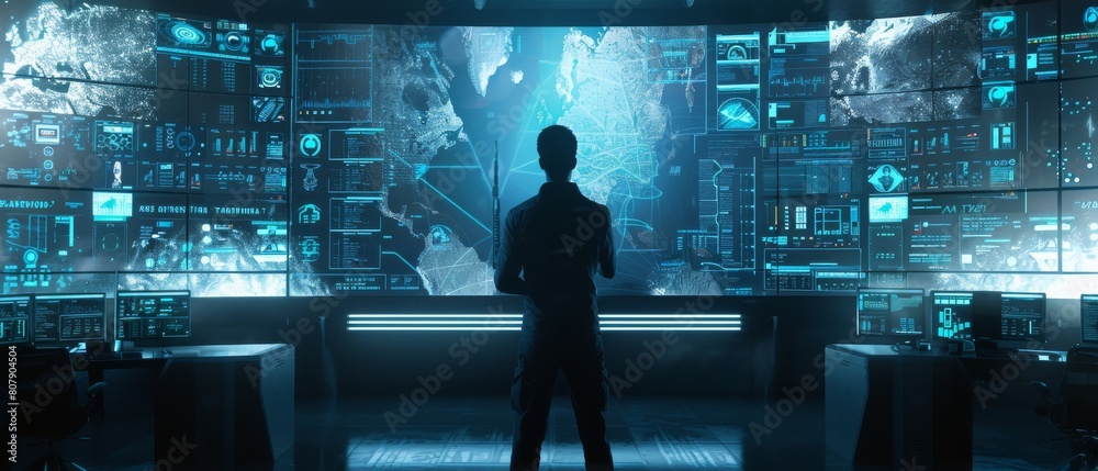 Poster the system control center operator works surrounded by displays showing relevant data. an interactiv