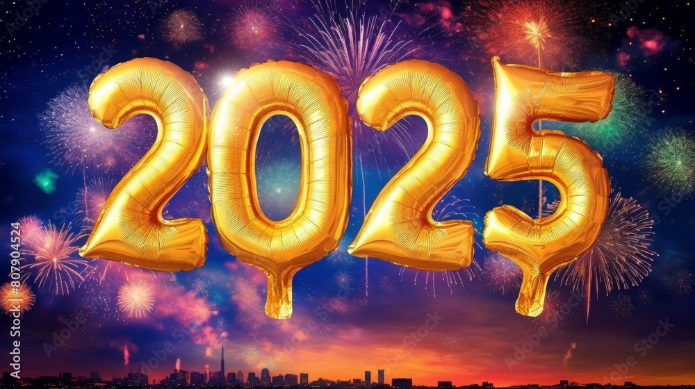 Poster a golden balloon with the number 2025 floating in the air