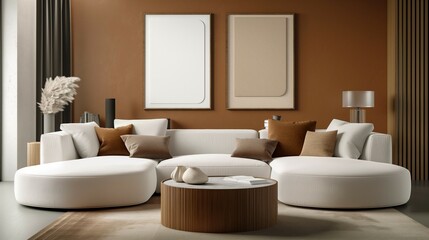 Frame mockup, brown sofa on round sofa, boho style home interior of modern living room