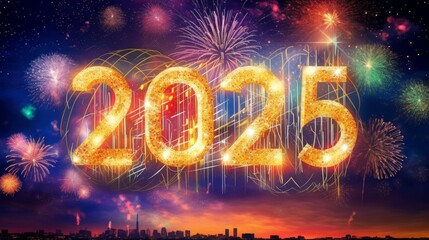 The year 2025 is celebrated with colorful fireworks lighting up the night sky