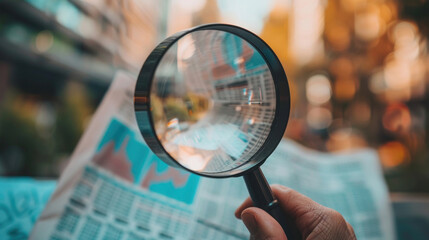 a hand holding a magnifying glass over a whiteboard covered with stock market technical analysis charts and patterns, with the glass zooming in on specific trends and indicators.