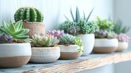 decorative plants with rustic vibes displayed on a wooden table, including green plants in white pots, a pink flower in a white vase, and a green cactus in a white pot