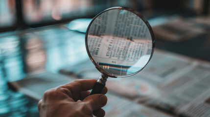 a hand holding a magnifying glass over a whiteboard covered with stock market technical analysis charts and patterns, with the glass zooming in on specific trends and indicators.