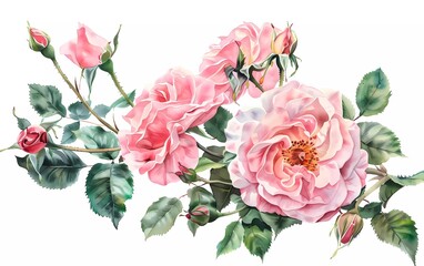 watercolor flower arrangement. flower illustration. composition of pink rose flowers, Leaves and buds. 