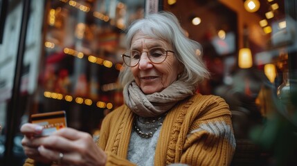 Obraz premium An elderly woman confidently using a credit card to make an online payment. It uses advanced anti-fraud measures to secure transactions.