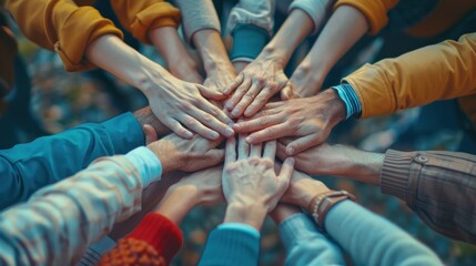 Teamwork and collaboration A new generation of business people gather together Holding hands in close-up top view It is a symbol of unity and harmony in the pursuit of a shared goal.